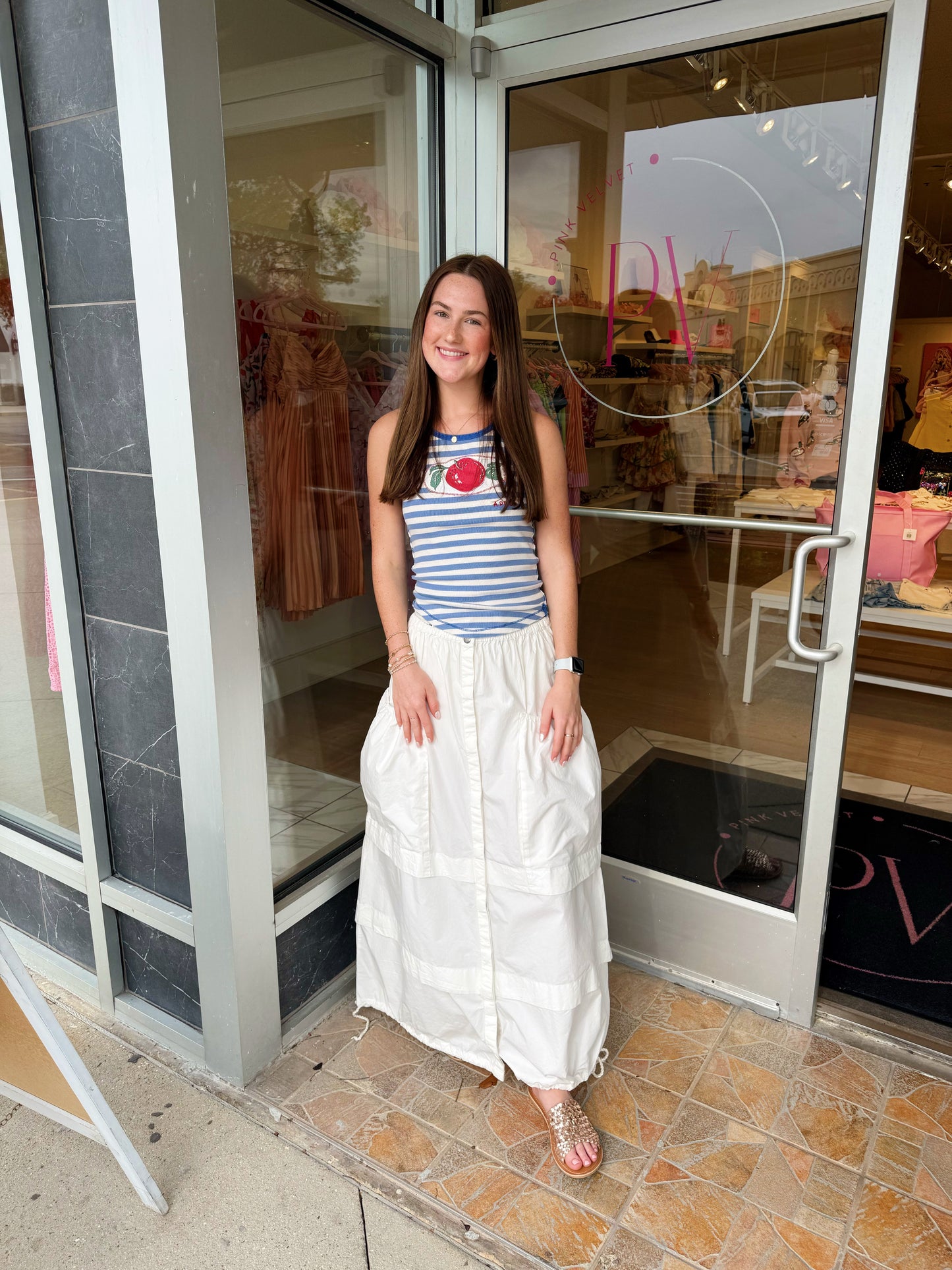 Free People only one ringer apple graphic striped tank