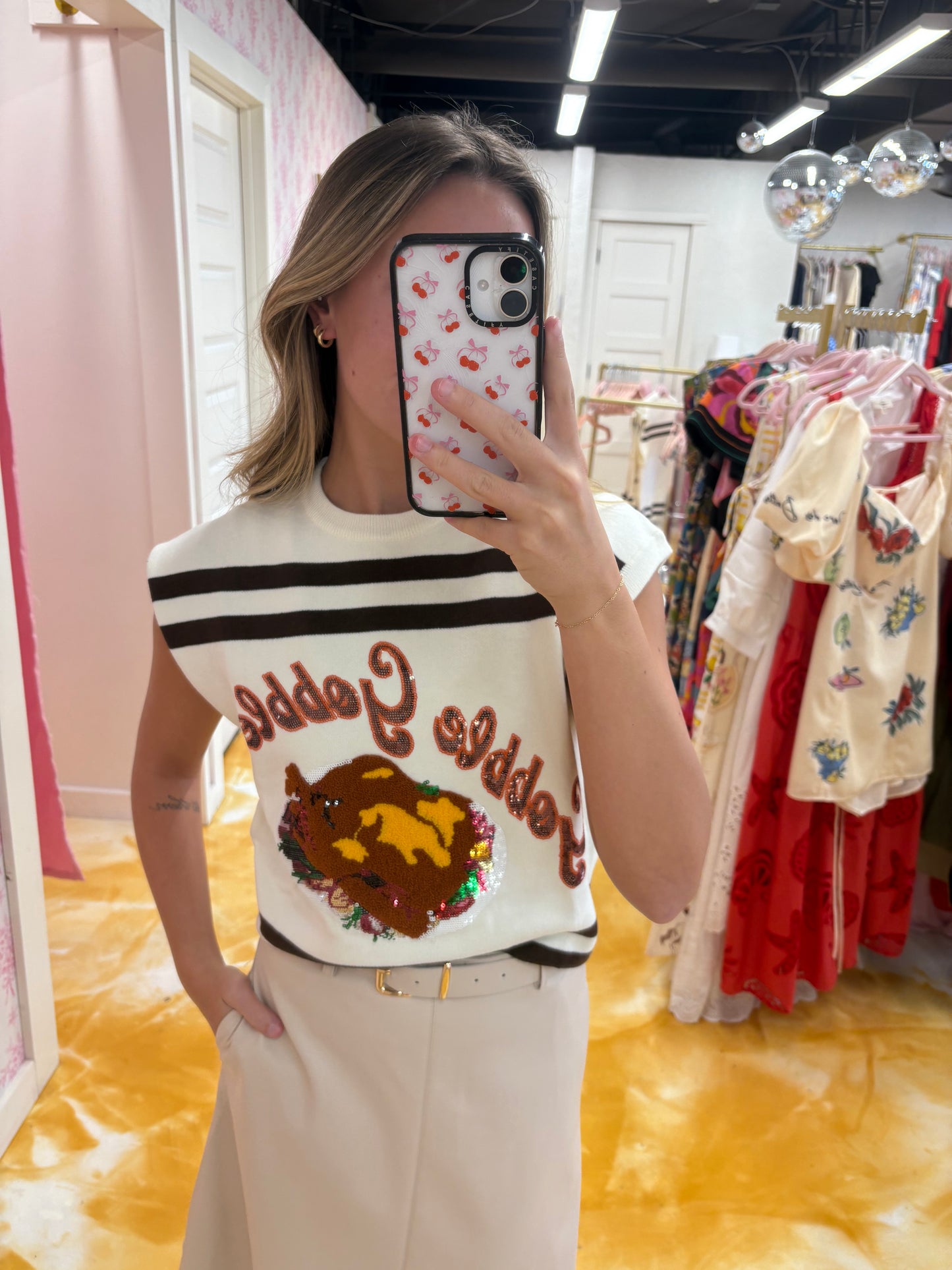 Queen Of Sparkles White & Brown Stripe 'Gobble' Short Sleeve sweater Top