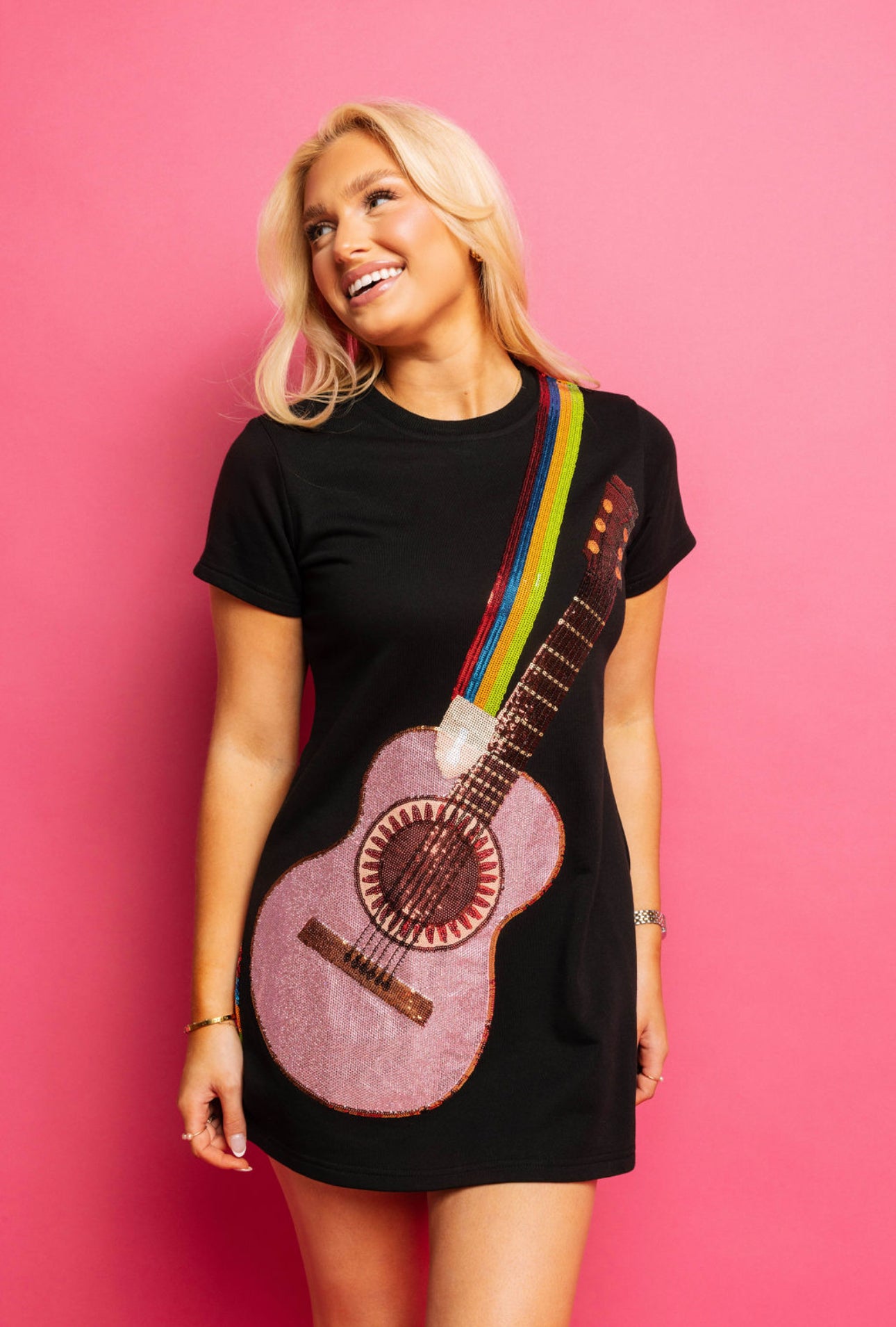 Queen of Sparkles Black guitar strap tee dress