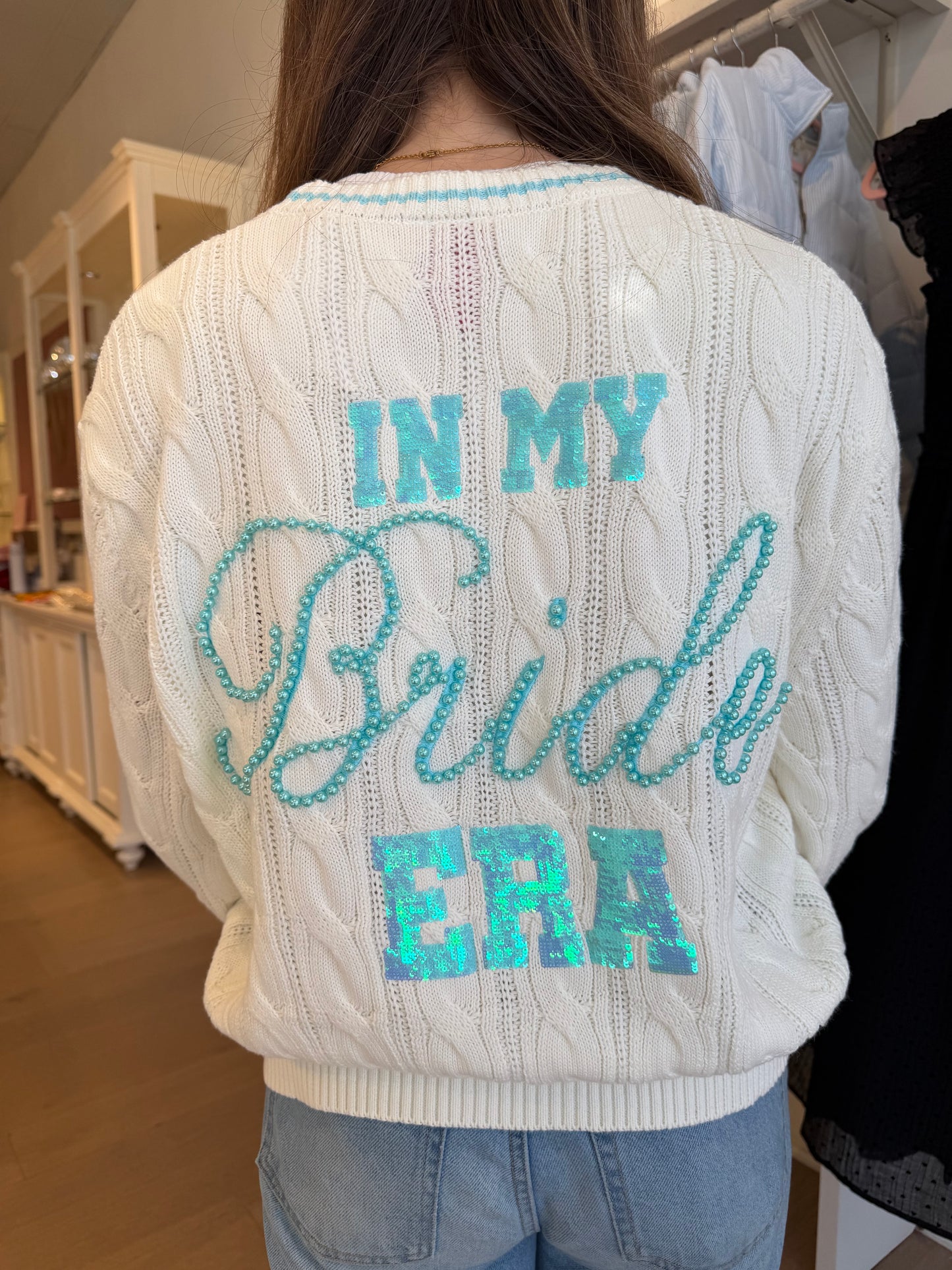 Queen Of Sparkles White & Blue
'In My Bride Era' Sequin & Pearl Button Up Cardigan