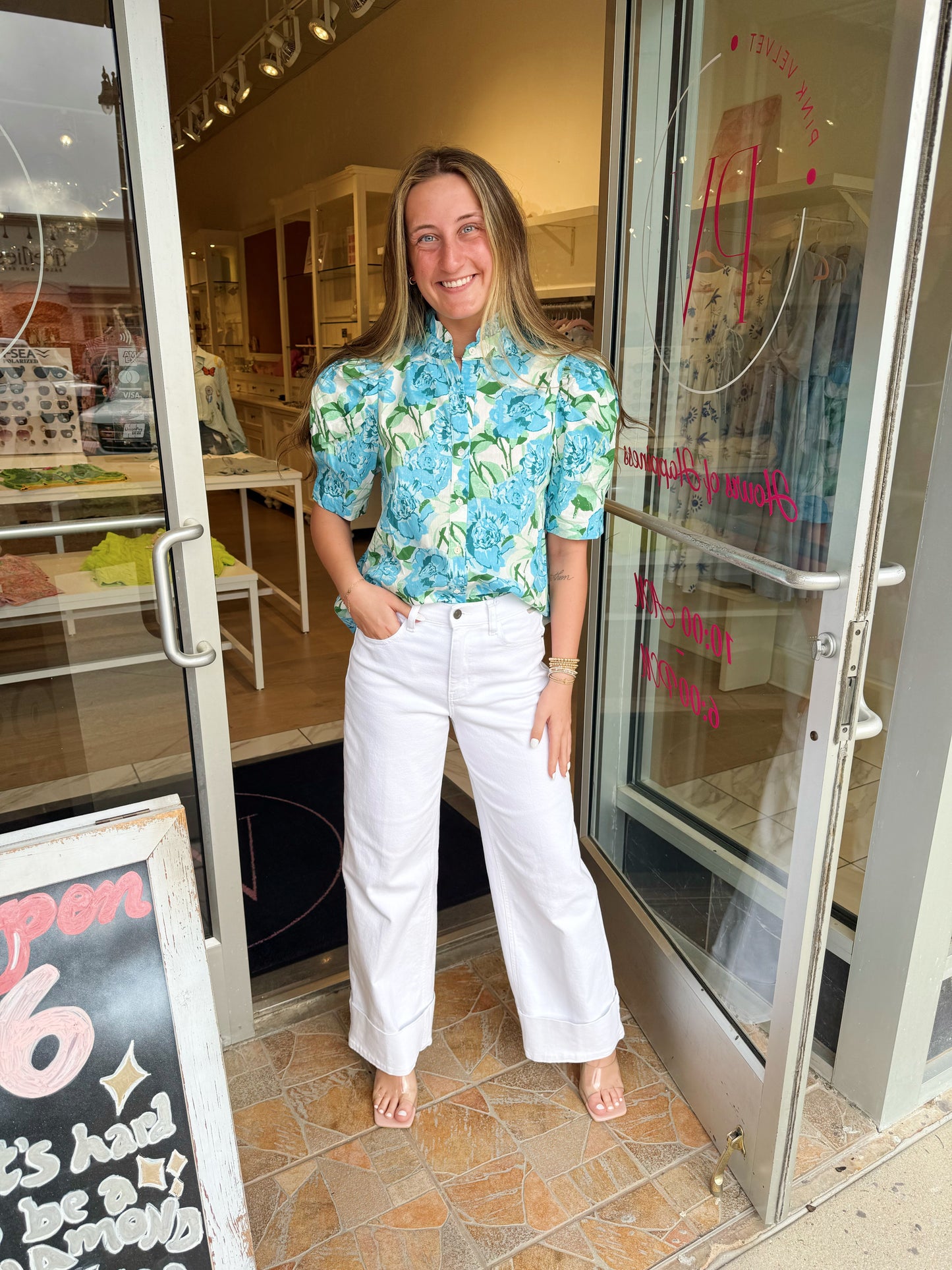 The Gloria Top in blue floral