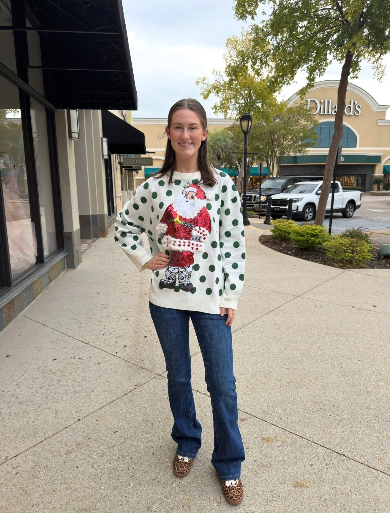 Queen of Sparkles white and green polka dot sequin Santa sweater