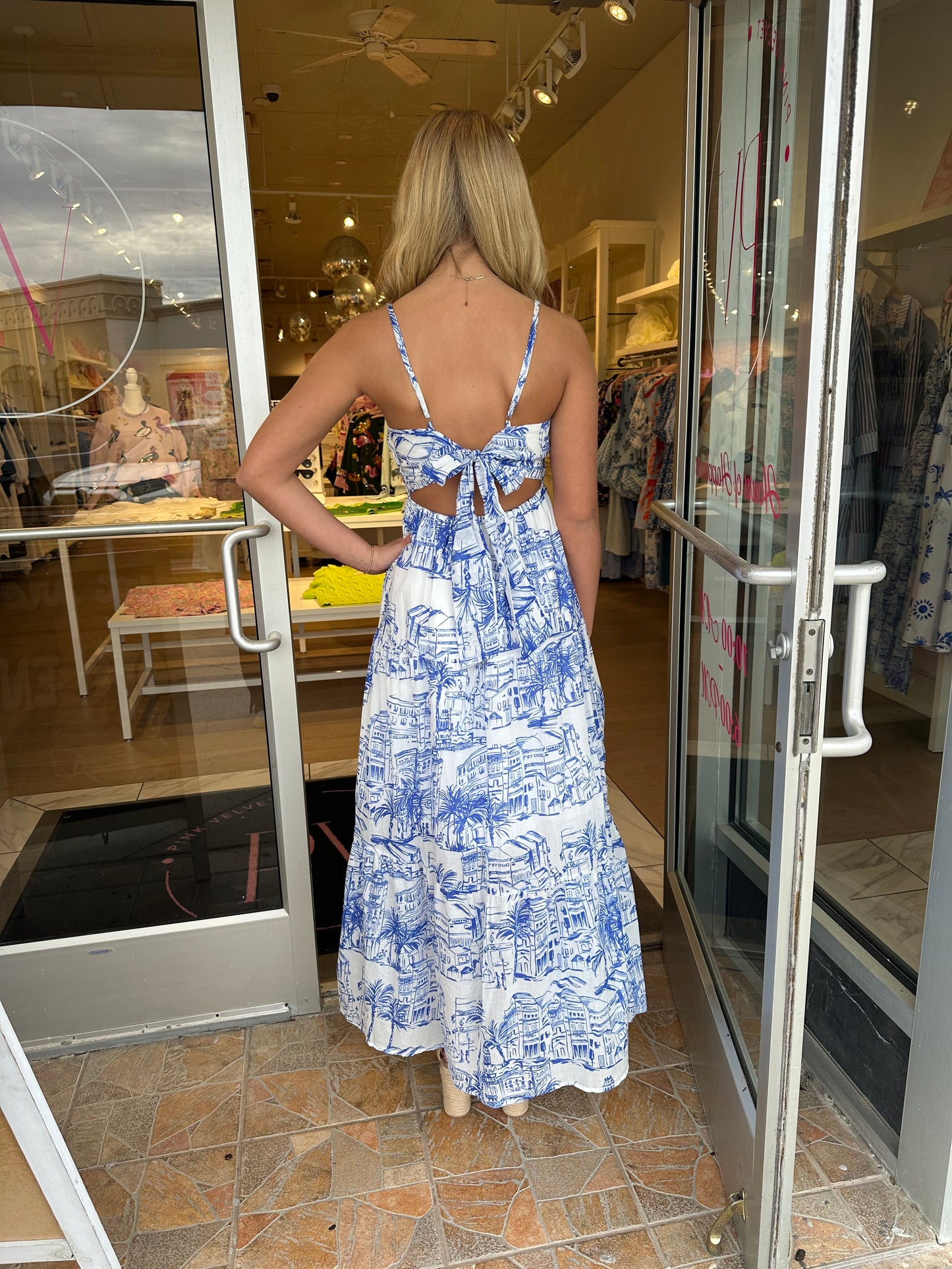 Santorini Coastal Sketch Maxi Dress