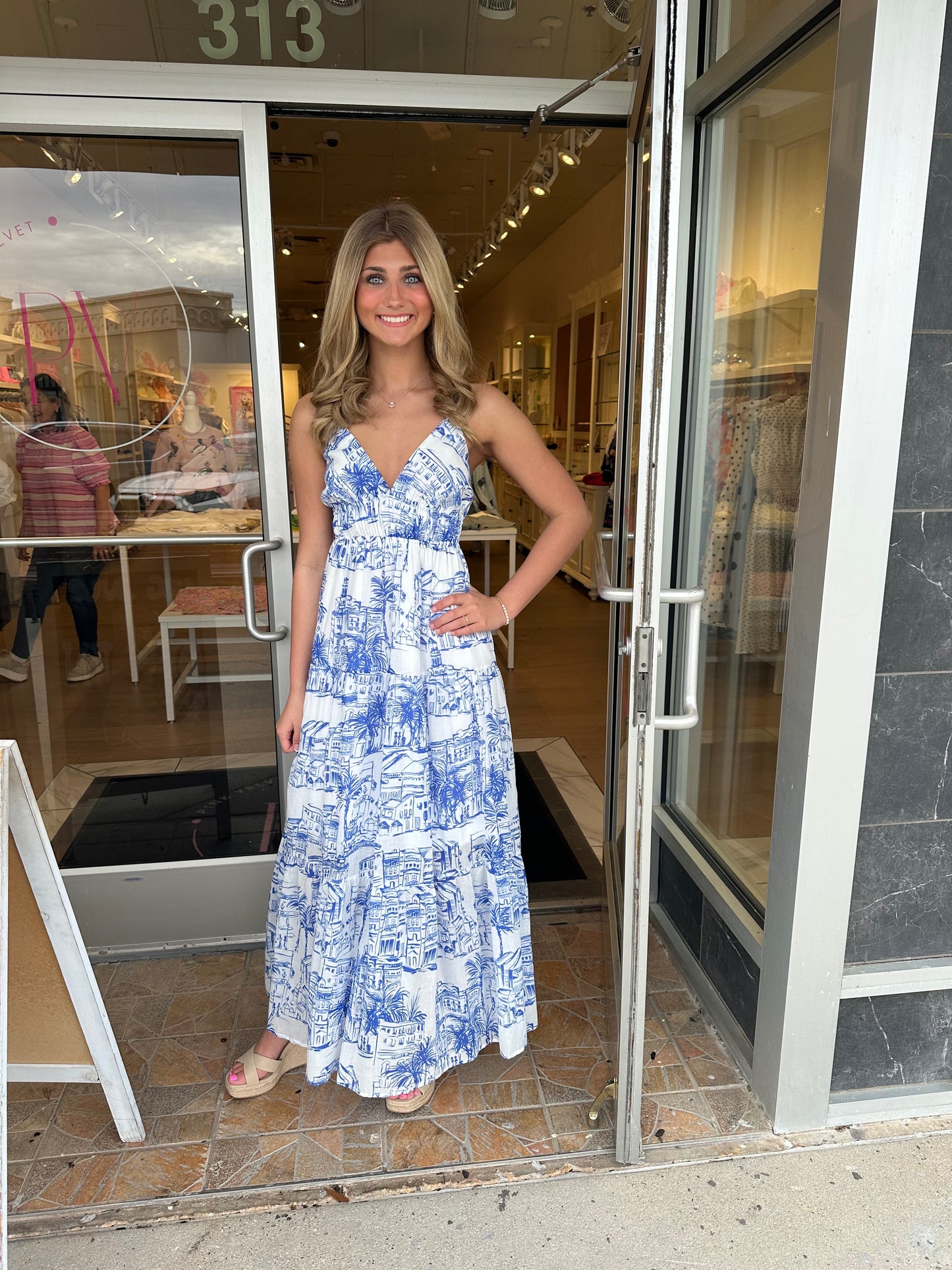 Santorini Coastal Sketch Maxi Dress