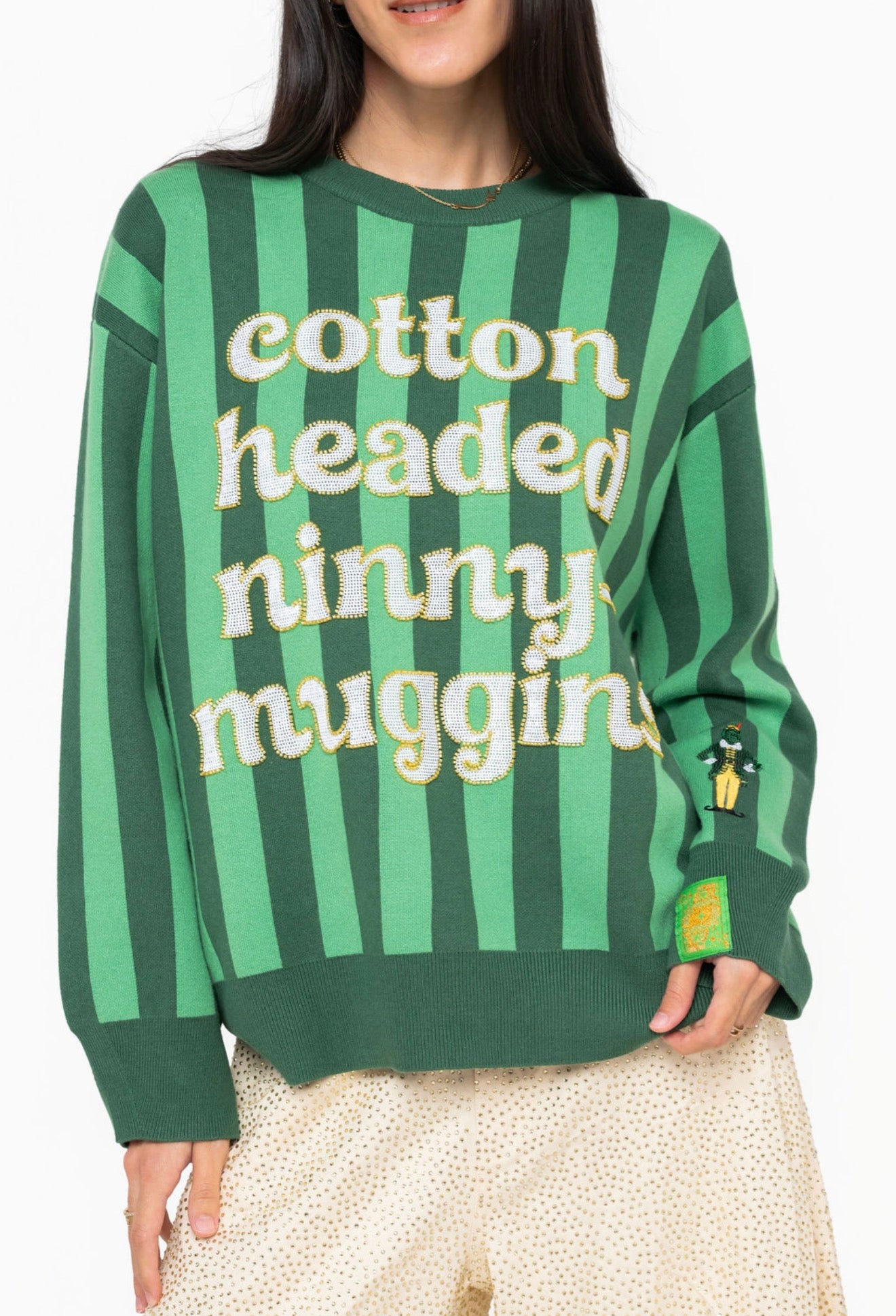 Queen Of Sparkles Licensed Buddy the Elf Green Striped Sequin & Beaded 'Cotton Head Ninny Muggins' Sweater