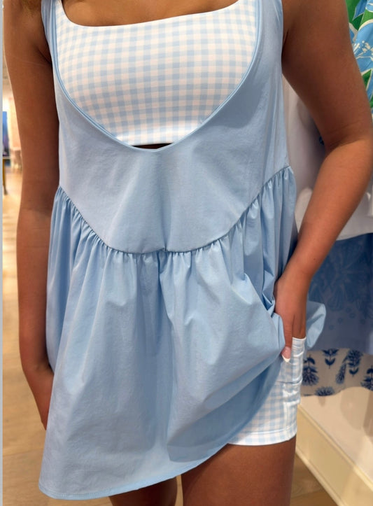 Double layered play dress in blue gingham