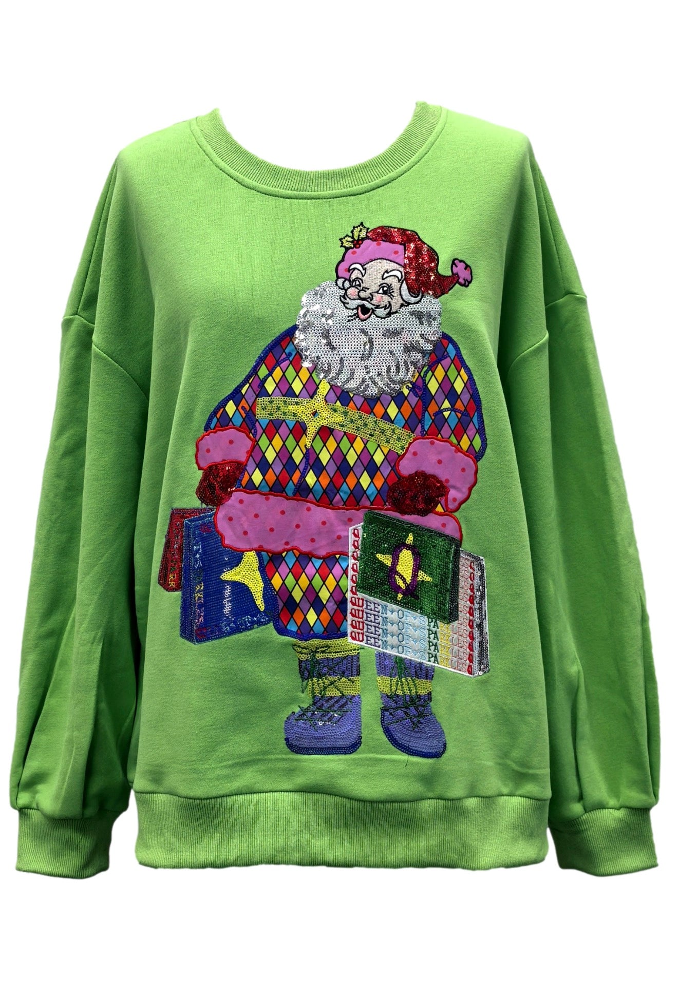 Queen of Sparkles Bright Green Colorful Shopping Santa Sweatshirt