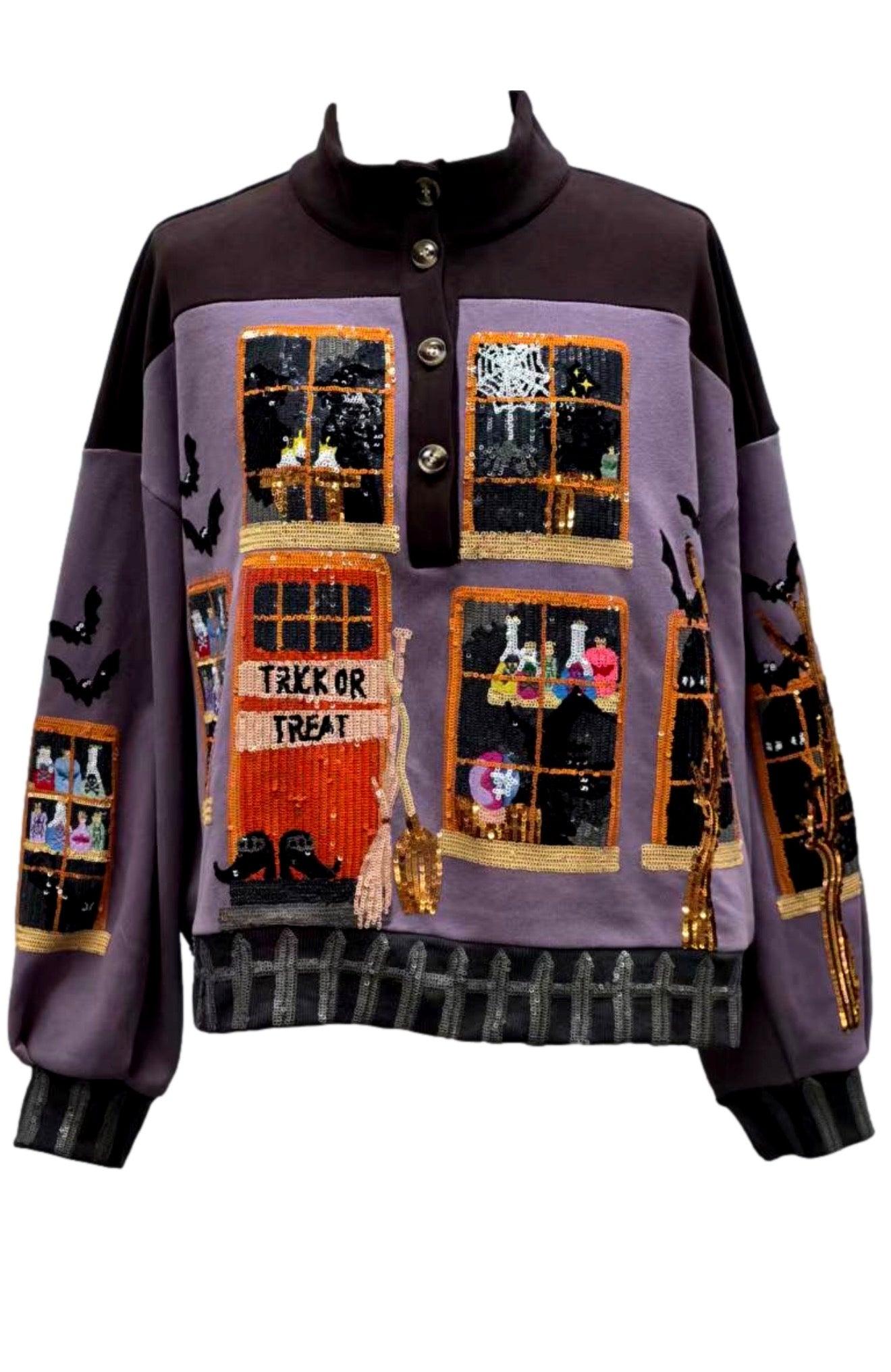 Queen Of Sparkles Brown and Purple Haunted House Henley