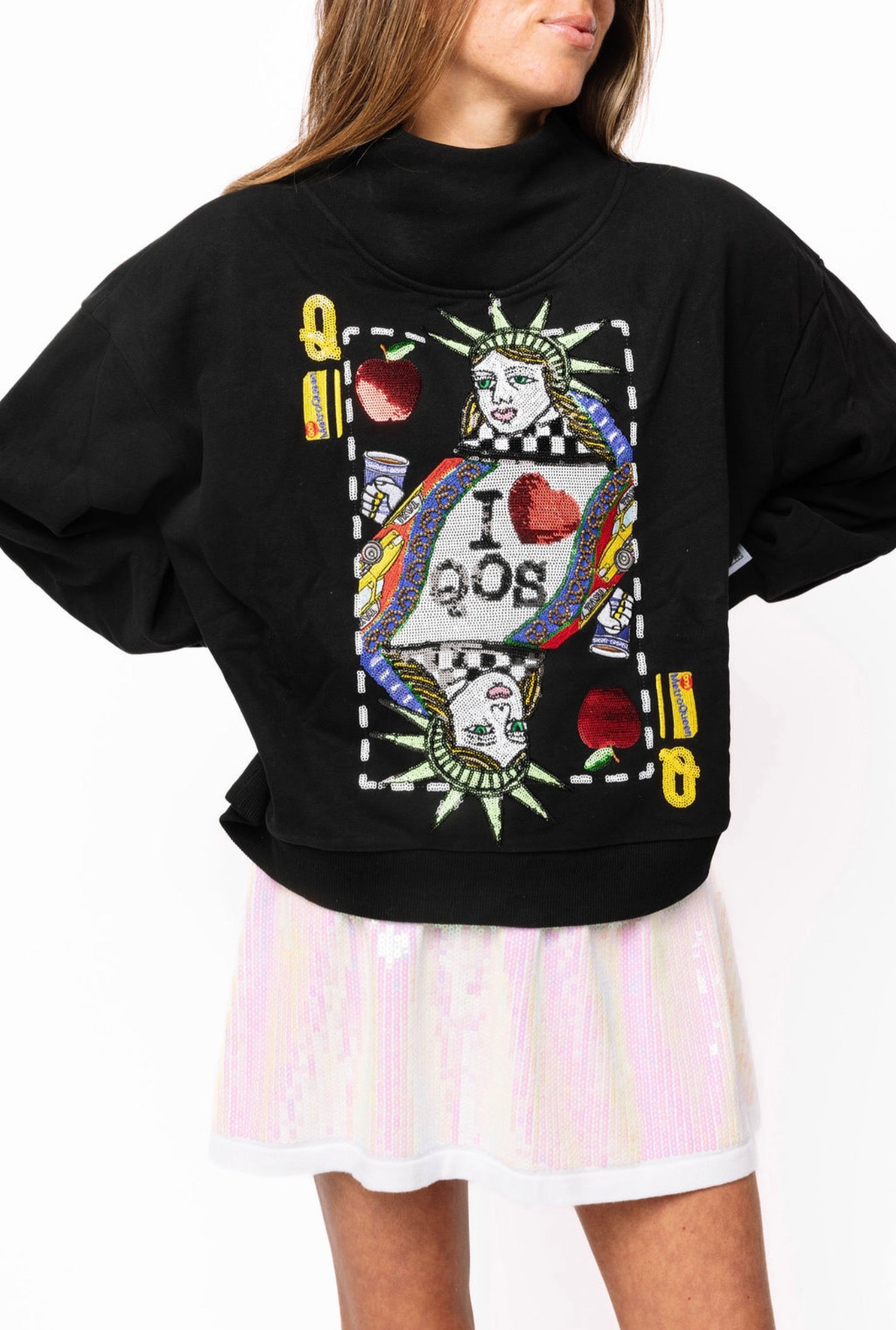 Queen Of Sparkles Black NYC Queen Card Mock Neck Sweatshirt