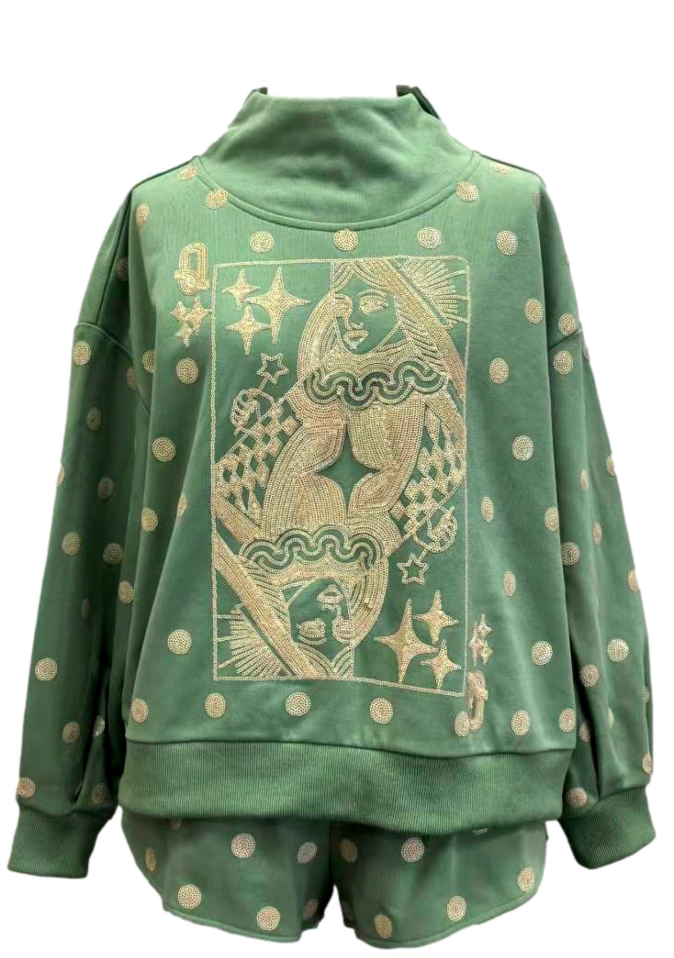 QUEEN OF SPARKLES Dusty Green Polka Dot QOS Card Logo
Mock Neck Sweatshirt
