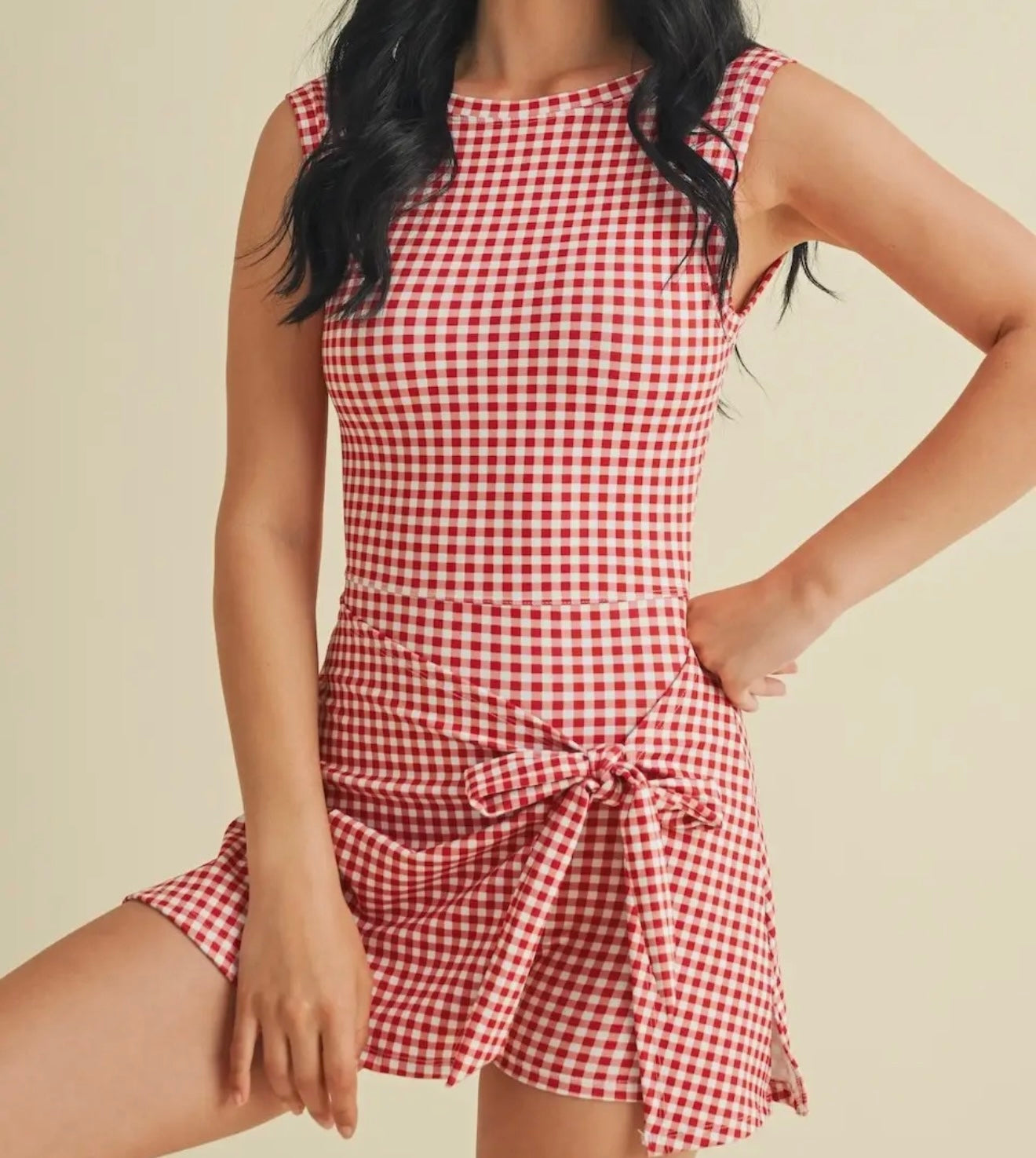 Red Gingham Print Sleeveless Wrap Tie Front Dress