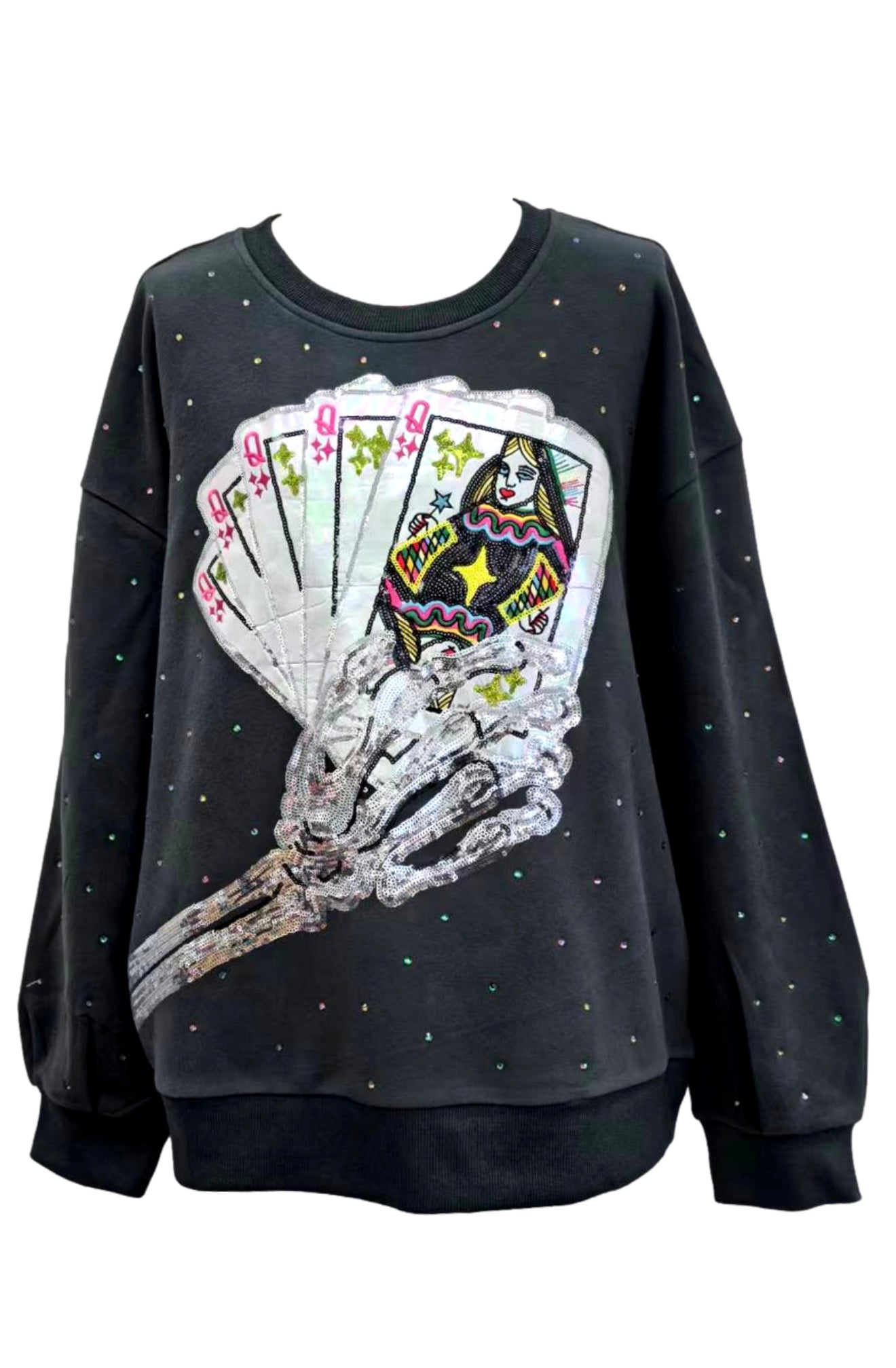 Queen of Sparkles Charcoal Skeleton Holding Queen Cards Rhinestone Sweatshirt