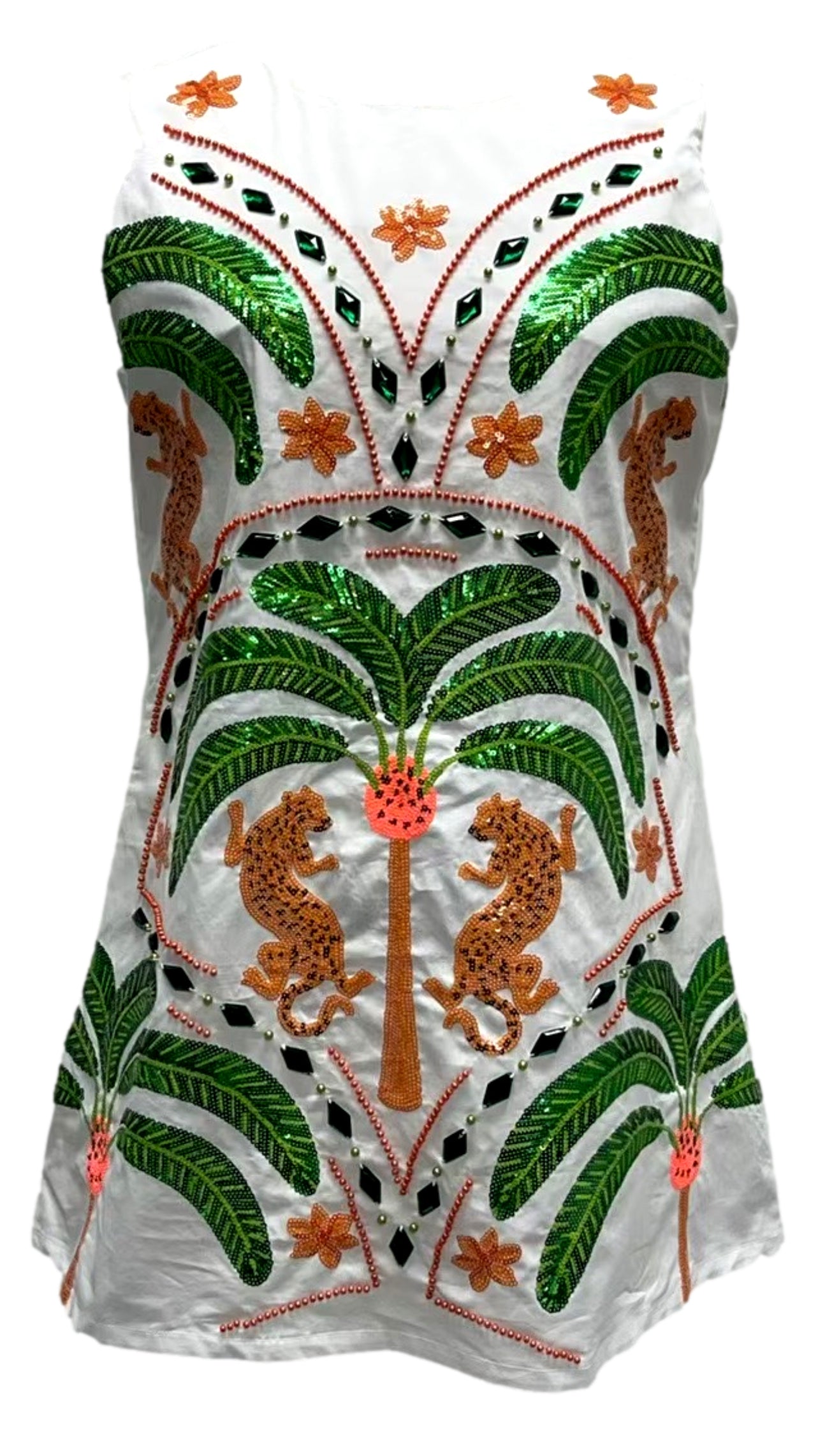 Queen of Sparkles White Palm Tree & Jaguar Cotton Tank Dress