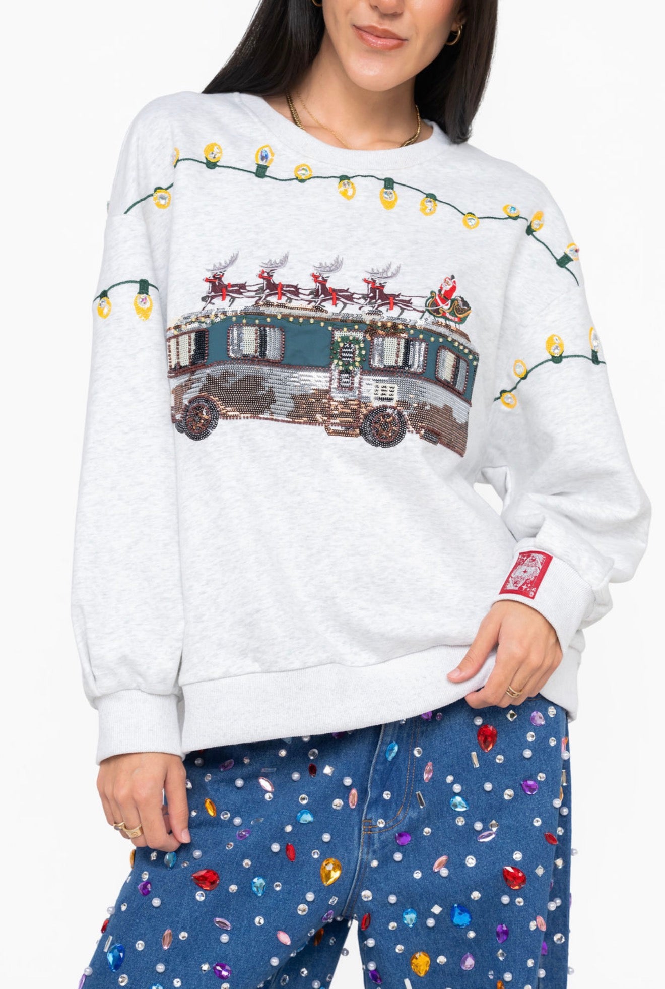 Queen of Sparkles LicensedGrey Sequin & BeadedCousin Eddie RV with ReindeerSweatshirt