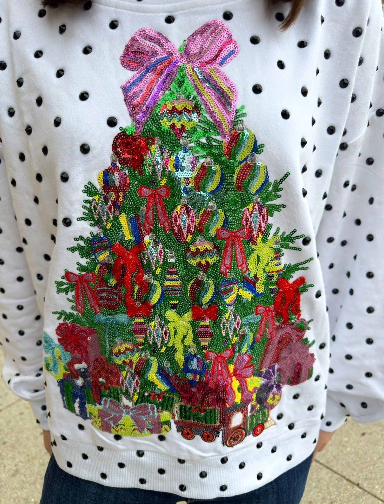 Queen of Sparkles white and black polka dot multi Christmas tree mock neck sweatshirt