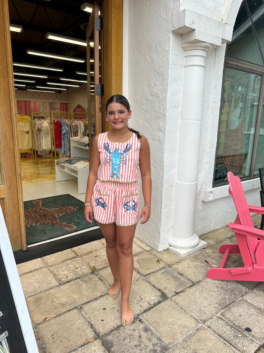 Queen of Sparkles Red and White Striped Lobster tank - with Red and white striped crab shorts (set)
