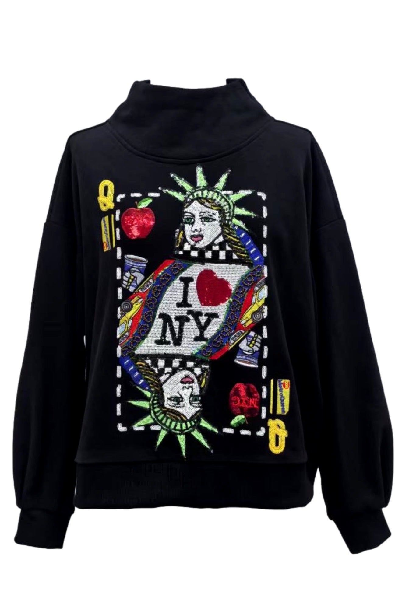 Queen Of Sparkles Black NYC Queen Card Mock Neck Sweatshirt