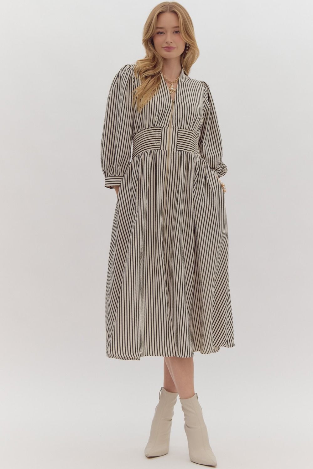 The Whitney Dress in green and white striped