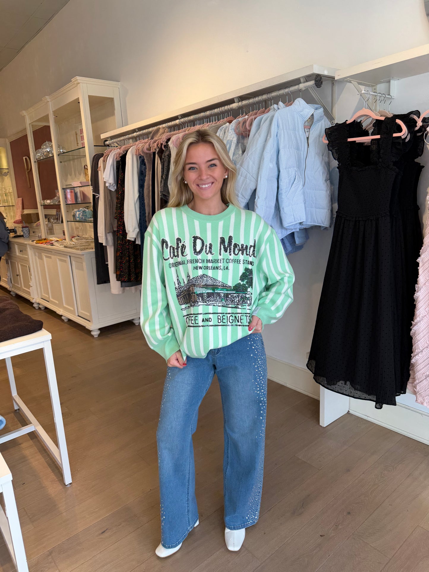 Queen of Sparkles Mint & White Striped 'Cafe Du Monde' Sweater