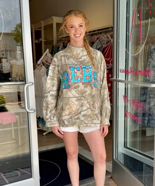 Queen Of Sparkles Licensed Ole Miss (Rebs) Mockneck Camo
Sweatshirt University Of Mississippi