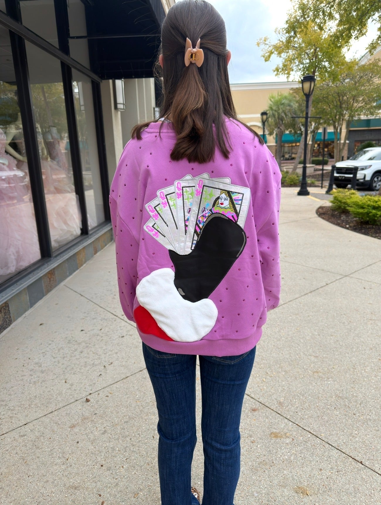 Queen of Sparkles Pink Santa
Hand Holding QOS LogoCards Rhinestone Sweatshirt