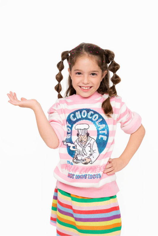 Queen of Sparkles Licensed
KIDS POLAR EXPRESS Pink and White
Striped Sequin,
Rhinestone & Beaded Hot
Chocolate Sweater