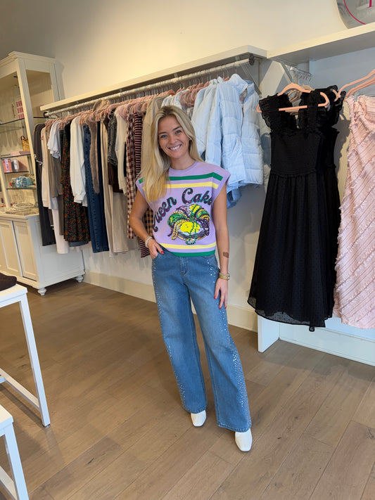 Queen Of Sparkles Lavender, Green & Yellow 'Queen
Cake' Striped Top