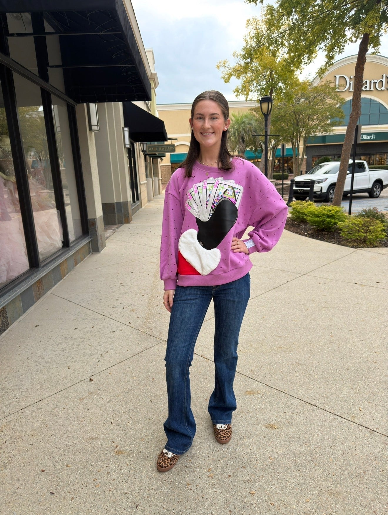 Queen of Sparkles Pink Santa
Hand Holding QOS LogoCards Rhinestone Sweatshirt