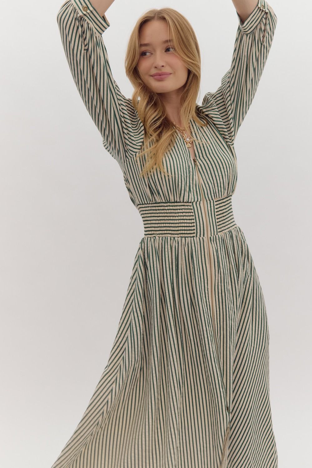 The Whitney Dress in green and white striped