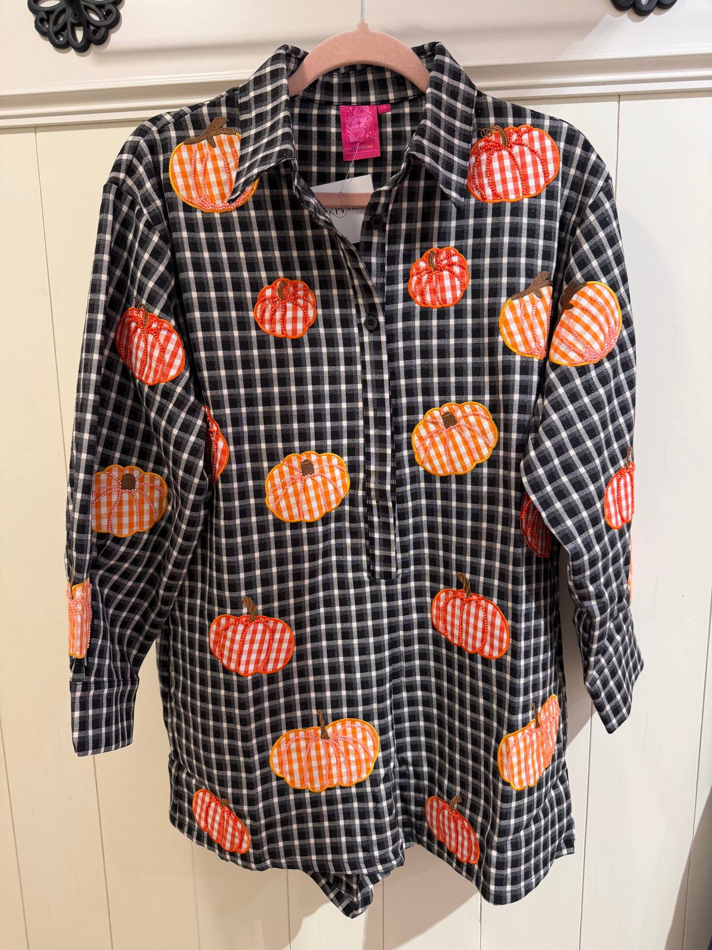 Queen of Sparkles Black & Orange Gingham Pumpkin Button Up Romper