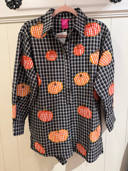 Queen of Sparkles Black & Orange Gingham Pumpkin Button Up Romper