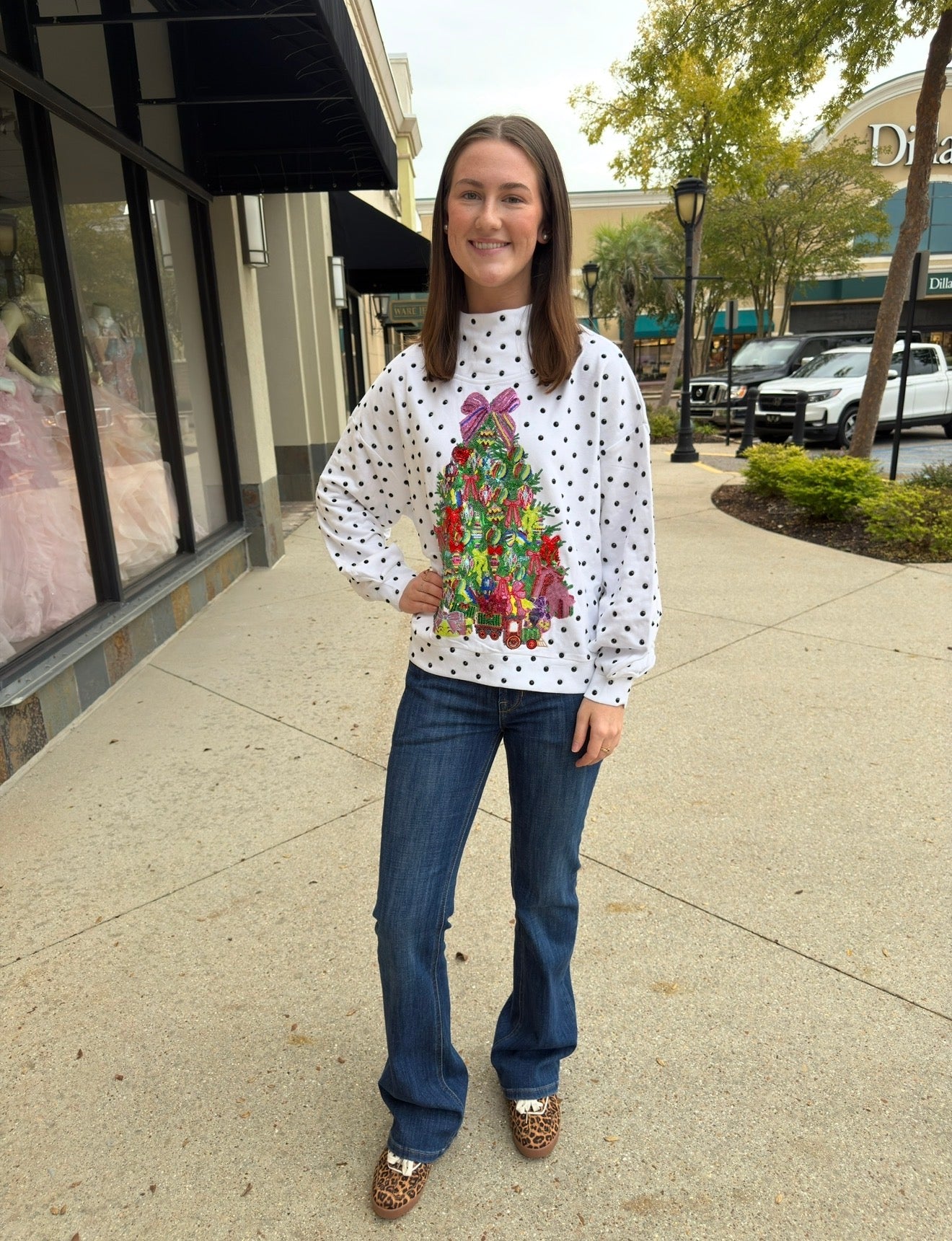 Queen of Sparkles white and black polka dot multi Christmas tree mock neck sweatshirt