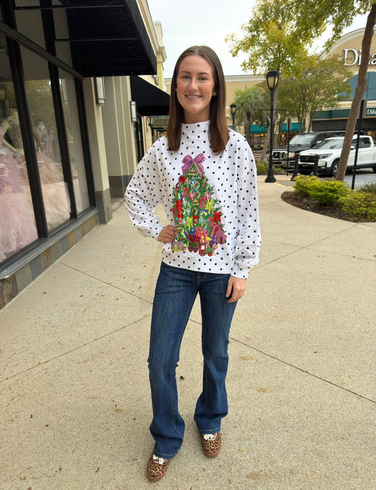 Queen of Sparkles white and black polka dot multi Christmas tree mock neck sweatshirt