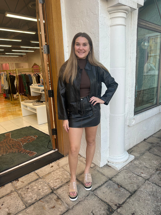 The Lenny Skirt in faux black leather