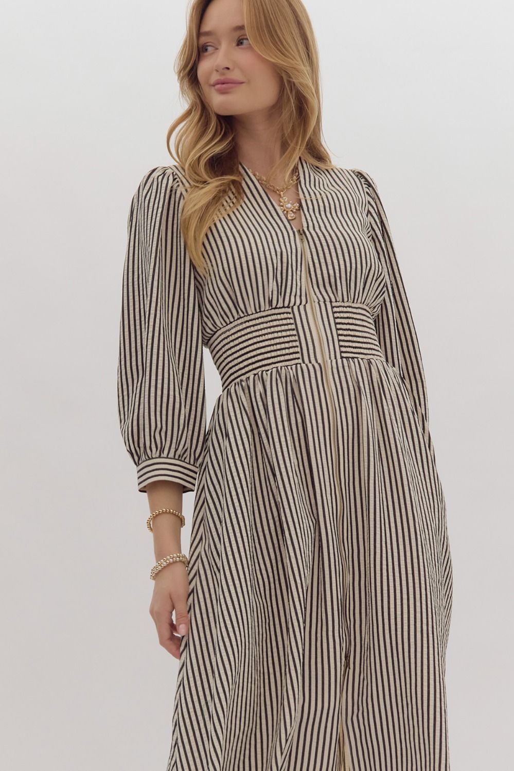 The Whitney dress in black and white stripes