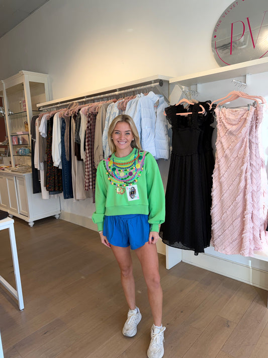 Queen of Sparkles Bright Green Queen Mardi Gras Beads Sweatshirt