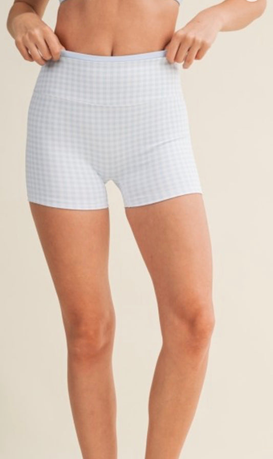 Gingham print contrast binding biker shorts in powder blue