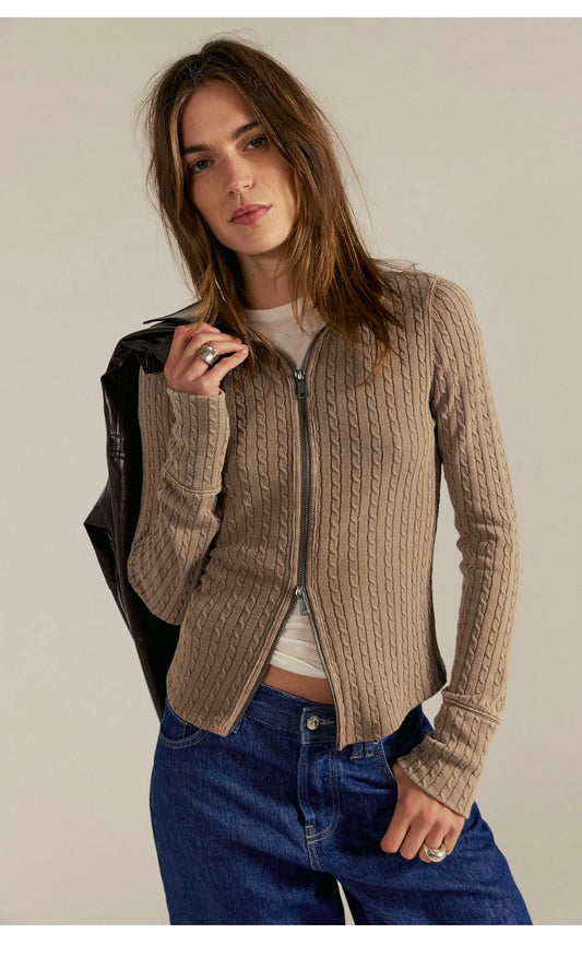 Free People Brunch Girl Zip Up in Dusted Cocoa