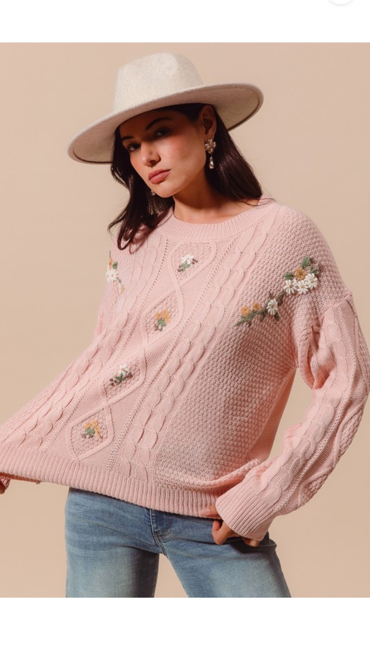 The Camilla light pink fancy floral lightweight sweater