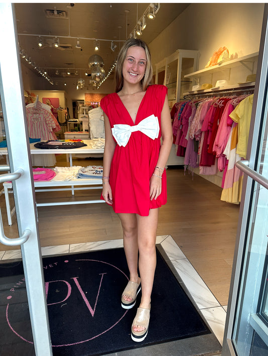 The Faye Bow Romper in Red and White