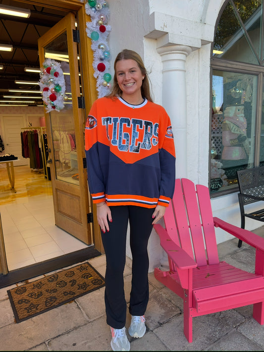 Queen of Sparkles Licensed Auburn Orange & Navy two tone holographic sweatshirt