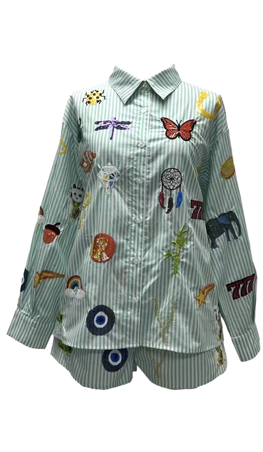 Queen Of Sparkles Green and White Striped cotton Lucky Icon Top