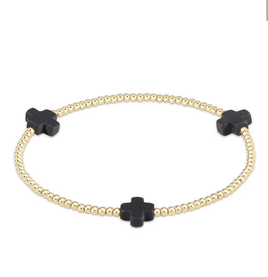 Signature cross gold pattern 2mm bead bracelet onyx