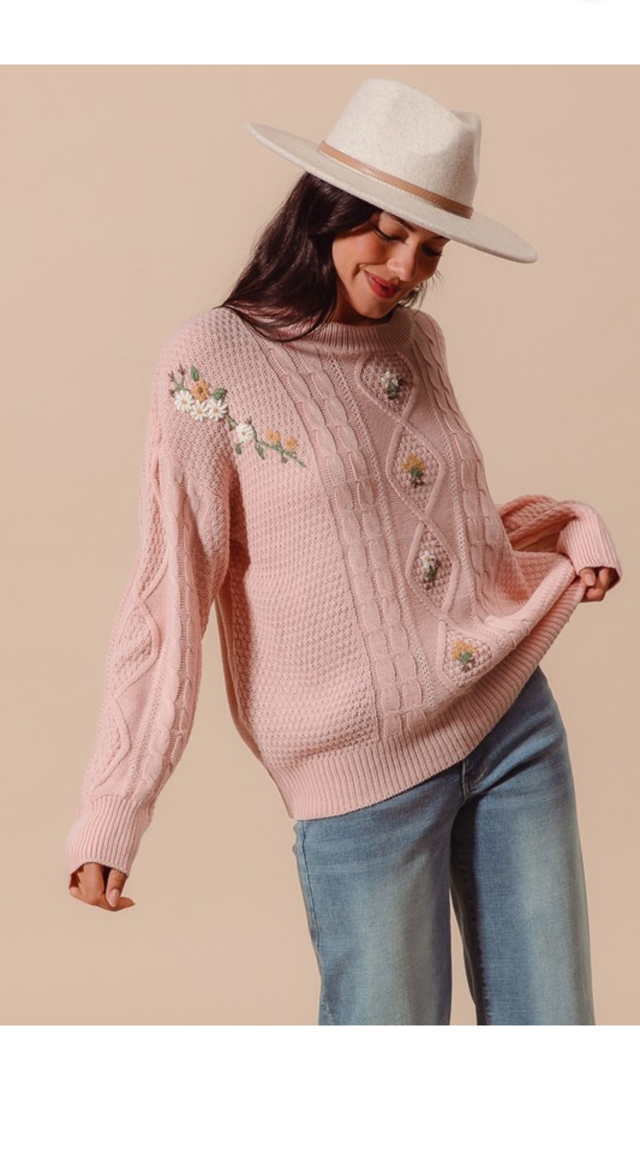 The Camilla light pink fancy floral lightweight sweater