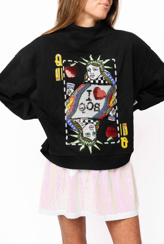 Queen Of Sparkles Black NYC Queen Card Mock Neck Sweatshirt