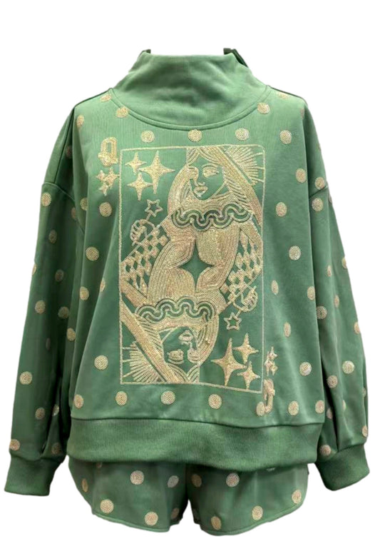 QUEEN OF SPARKLES Dusty Green Polka Dot QOS Card Logo
Mock Neck Sweatshirt