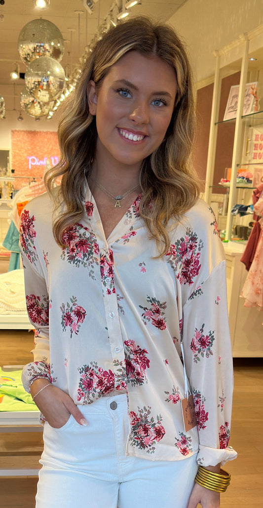The Fiona Fancy Pink Floral satin shirt