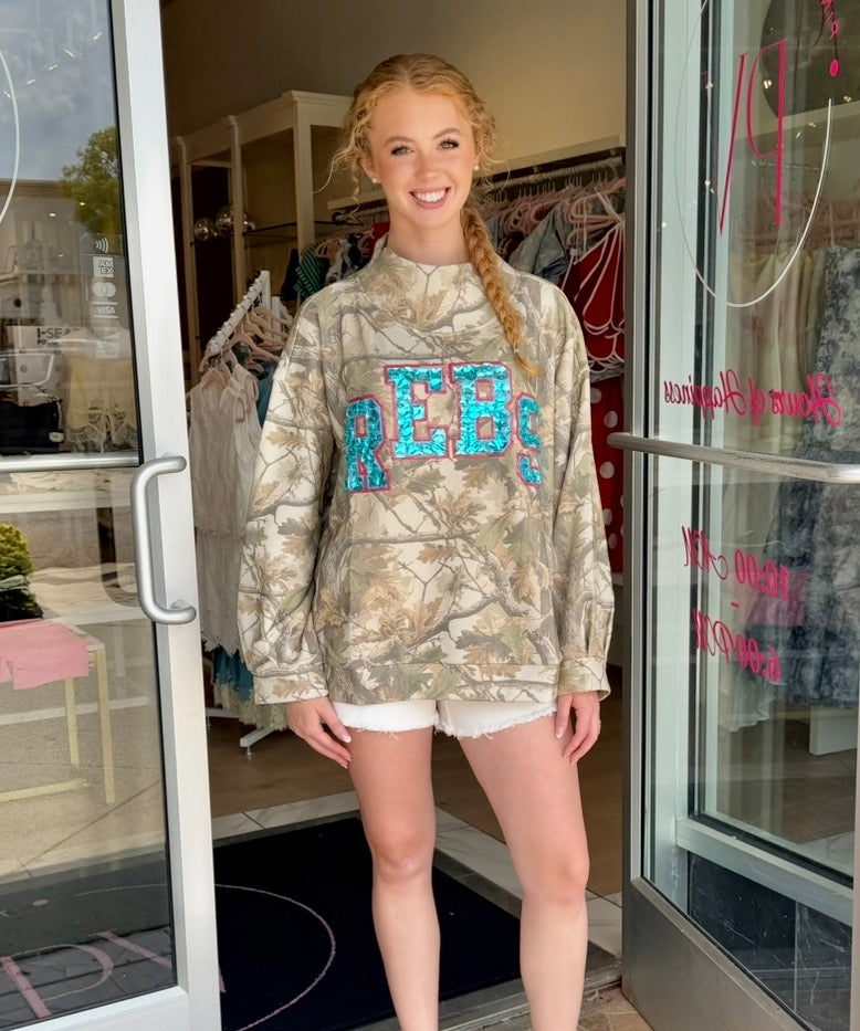 Queen Of Sparkles Licensed Ole Miss (Rebs) Mockneck Camo Sweatshirt University Of Mississippi