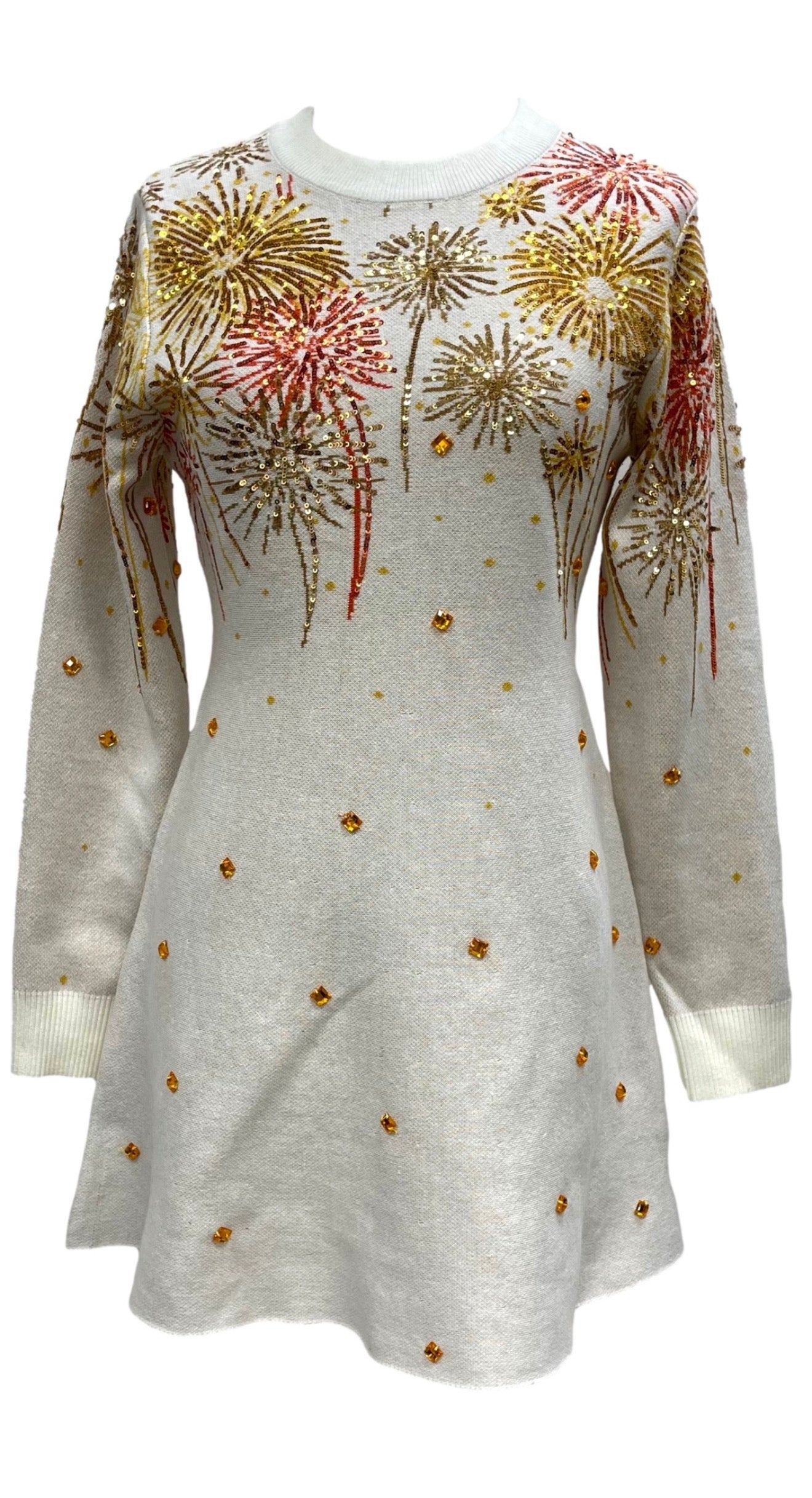 Queen Of Sparkles White, Gold & Rose Gold Firework Jeweled Sweater Dress