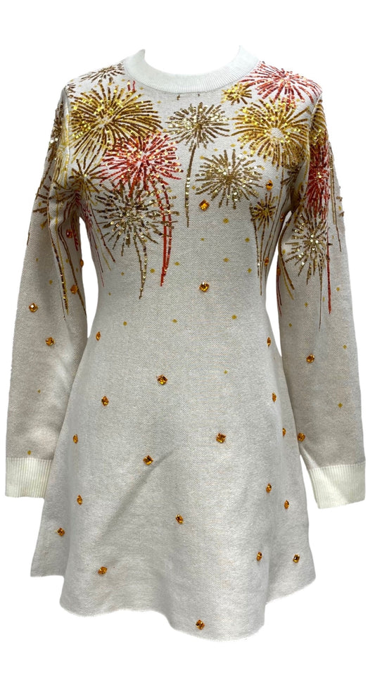 Queen Of Sparkles White, Gold & Rose Gold Firework Jeweled Sweater Dress